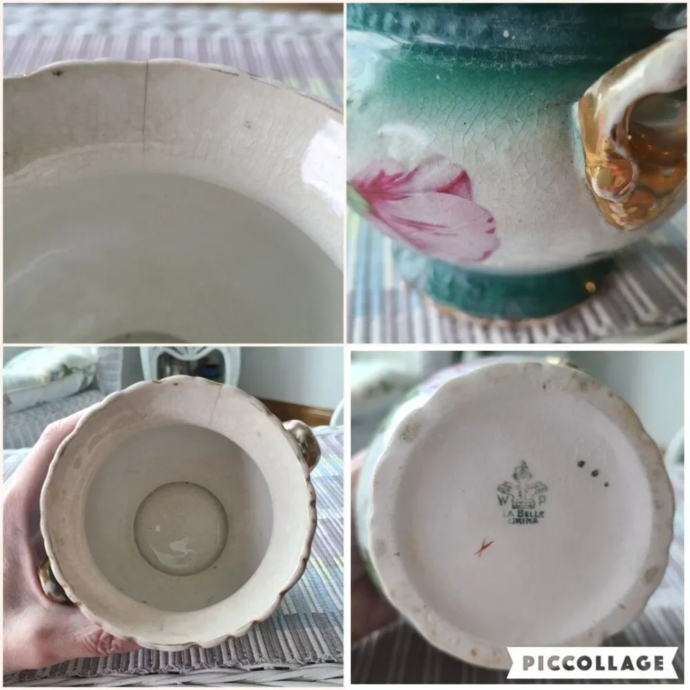 W.P. La Belle China Antique Hand Painted Porcelain Vase & Jardiniere Planter Set
